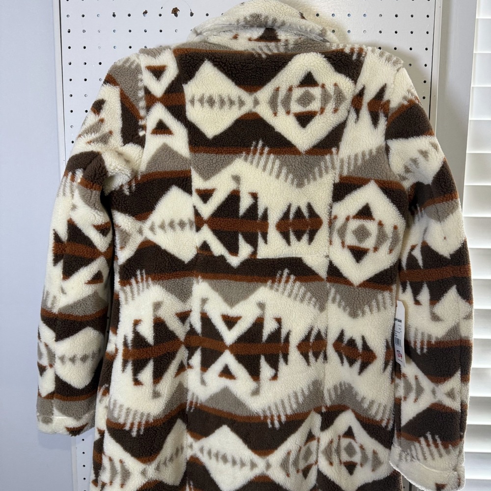 Shyanne Long Sherpa Coat Women's Medium Cream Southwestern Print Notch Lapel NWT - Picture 8 of 14